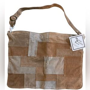 Lizden Suede Messenger Tote Purse Bag Washable Beige Patches